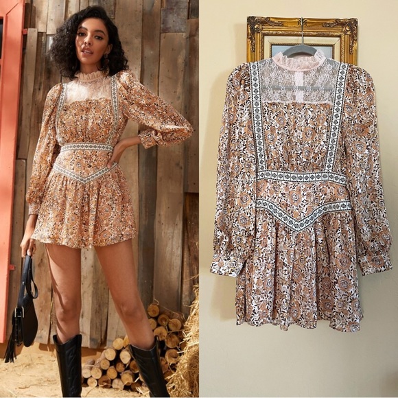 SHEIN Mini Floral Printed High Neck Ruffle Lace Trim Long Sleeve Mini Dress XS 2 - Picture 16 of 16